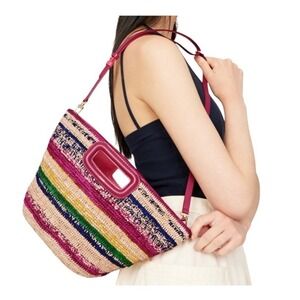 MAJE Striped Raffia Basket Crossbody Tote in Fuchsia Pink NWT